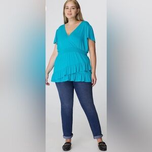 89TH + MADISON Smocked Waist Surplice Tunic 1X Caribbean Blue